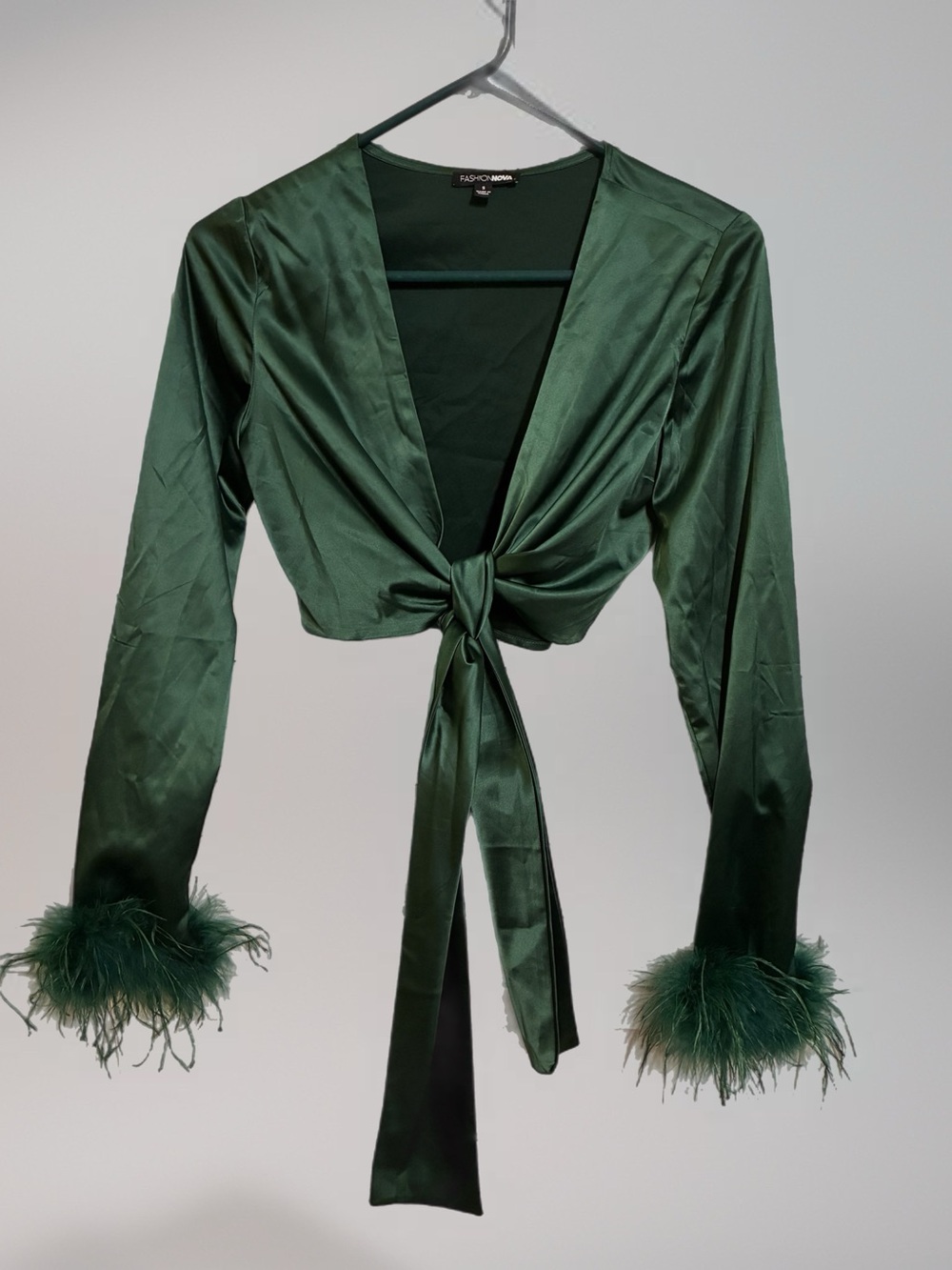 Fashion Nova Deep Green Feathered Satin Plunge Crop Top Size S